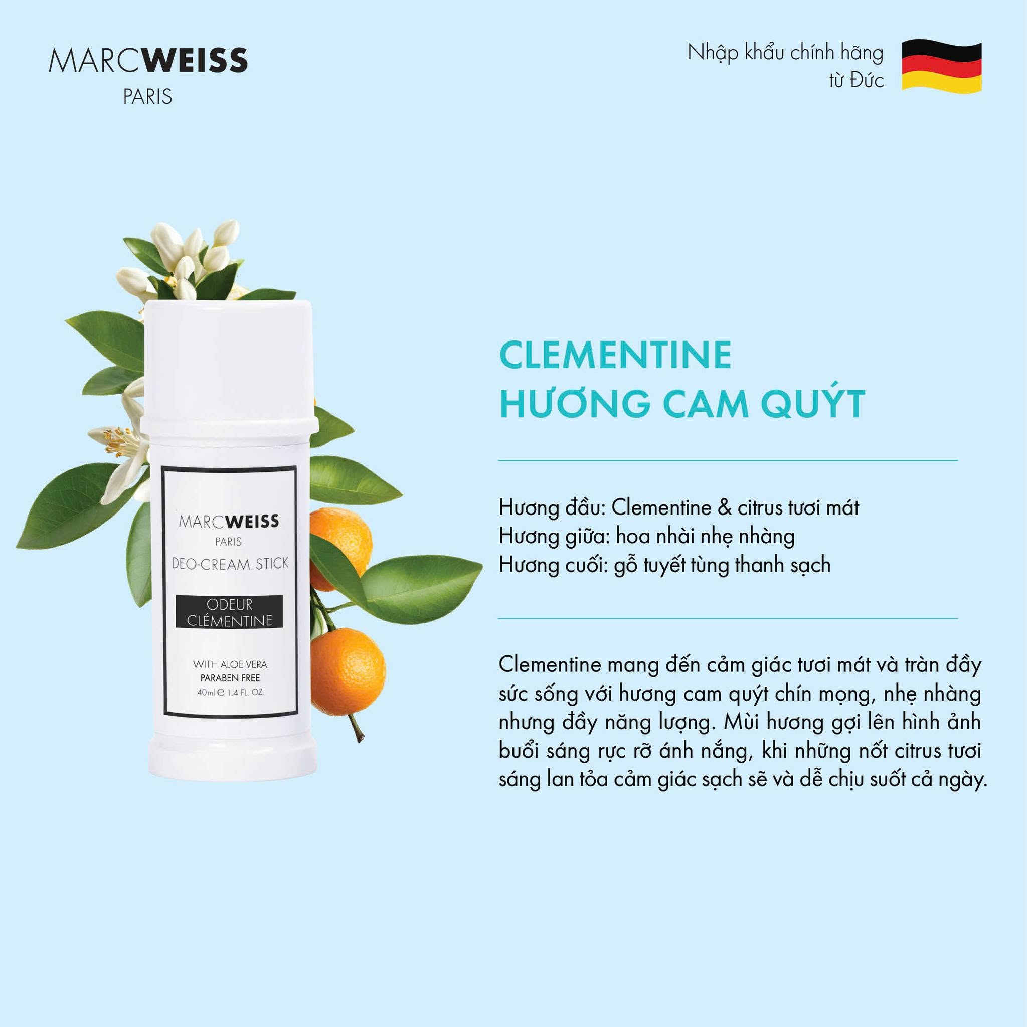 DEO MarcWeiss Clementine với hương cam chanh tươi sáng và thanh sạch